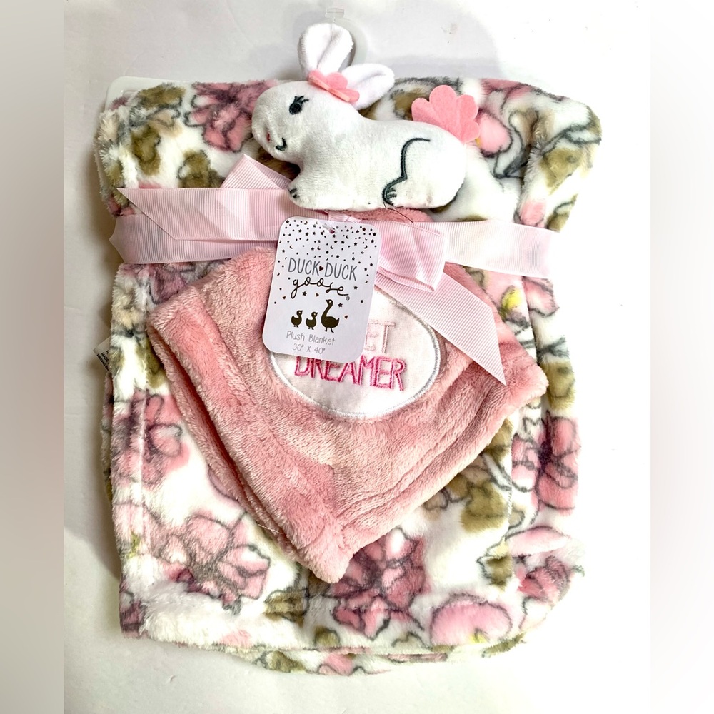 Duck Duck Goose Bunny Floral Sweet Dreamer Baby Blanket with Bunny Lovey - NWT